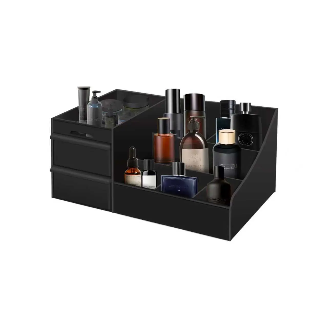 Premium Black Plastic Modern Cologne Storage Box - Dresser Organizer for Storage Organization, Vanity Tray for Skincare, Perfumes, Shaving Supplies, Men's Accessories, Waterproof Washable Gift for Him (Bedrooms, Bathrooms)