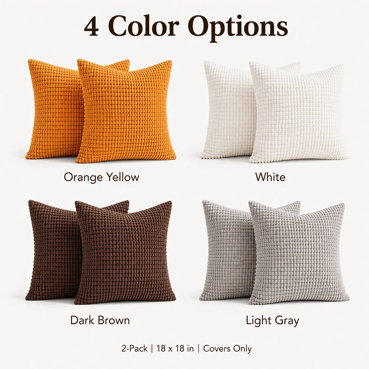 2-Pack 18x18 in Solid Waffle Corduroy Cushion Covers, Soft Removable Throw Pillow Cases with Hidden Zipper for Couch, Bedroom Home Decor, Machine Wash