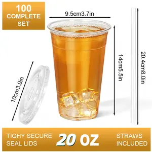 Clear Plastic Cups 100 Pack 16oz 20oz 24oz Summervibes,Disposable Cold Drink Cups for Party Picnic BBQ Travel Sturdy BPA-Free with Tight Secure Seal Lids & Straws Included