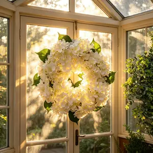White Hydrangea Wreath for Front Door, Cozy Farmhouse Window Decor, Elegant Artificial Floral Wall Decoration