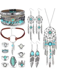 Western Jewelry for Women Turquoise Pendant Necklace Western Drop Dangle Earrings Turquoise Faux Leather Layered Bracelets Boho Knuckle Rings Set Bohemian Jewelry Set