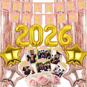 2026 Graduation Decoratiove Set Gold Pink Congrats Grad Hanging Flag Happy Graduation Pink Foil Banner Gold Number 2026&Gold Pink stars Foil Balloon Pink Parper Photo Booth Prop for 2026 Graduation Party Supplies Decoration Party Pack