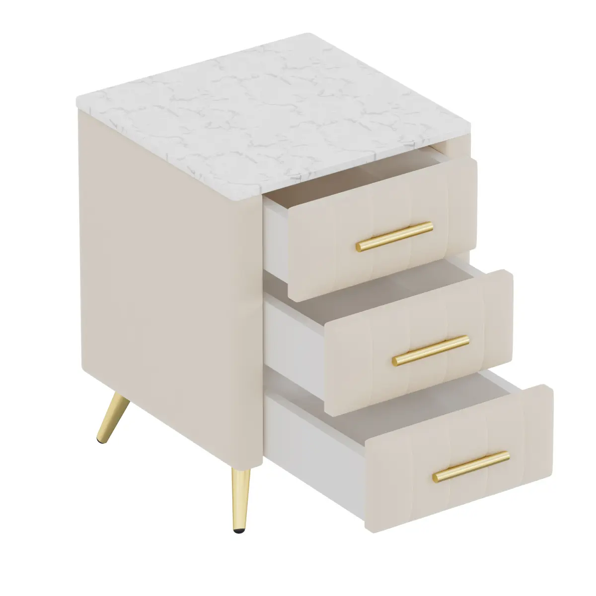 16.3" Beige Plywood+Velvet Upholstered Nightstand - 3 Drawers, Marble Top, Metal Legs & Handles, Sturdy Contemporary Easy-Assembly Exquisite Laptop-Friendly Drawer-Equipped Bedside Table for Bedroom, Exquisite Bedside Tables, Laptop-Friendly Bedside Table