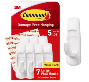 Command 5 lb Large Utility Hooks, 7 Hooks and 12 Strips, Damage-Free Hanging Wall Hook with Adhesive Strips, No Tools Required, Great for Home Kitchen Office Organization | 12-Strips, Organize, Damage-Free