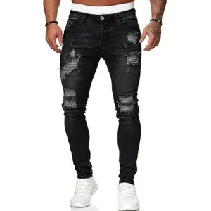Men's Beige Plain HipHop Ripped Skinny Jeans Stretch Pencil Denim Trousers Slim Fit Machine Washable Street Style