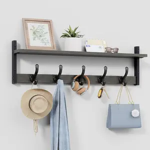 29" Rustic Coat Rack Wall Mount with Shelf, Entryway Wall Hooks with Shelf, Coat Hangers For Bathroom,Living Room,Bedroom, Dark Grey