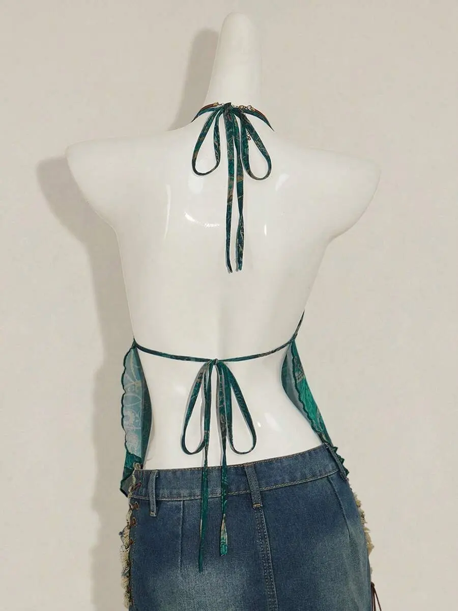 Allover Print Halter Neck Backless Asymmetric Hem Sexy Camisole Vacation Night Teal Green Summer