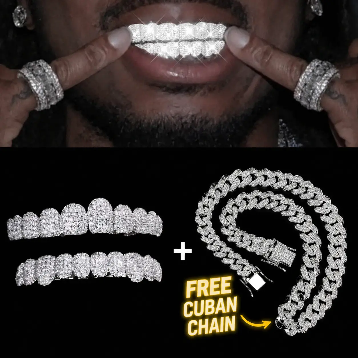 1PC/2PCS Set 18K Gold-Plated Cubic Zirconia Grillz for Top and Bottom Teeth, 10-Tooth Iced-Out Mouthpiece, Punk Rapper Cosplay Jewelry, Teeth Accessory, FREE Cuban Chain Gift