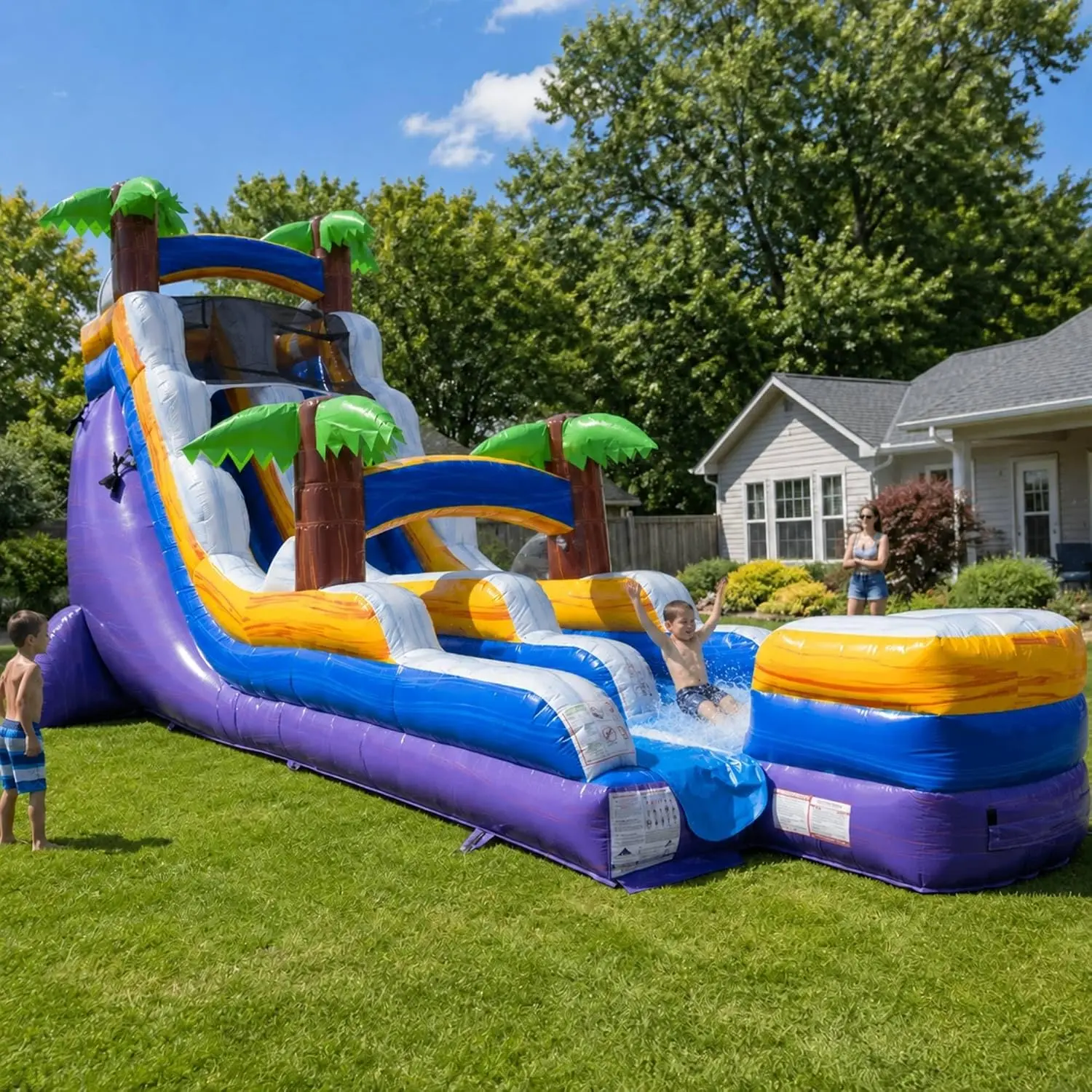 18FT Commercial Inflatable Water Slide, Tropical Purple | Heavy-Duty 15oz Vinyl, Commercial Waterslide Bouncer w/ Blower, Stakes, & Storage Bag, for Kids & Adults Party Event Birthday