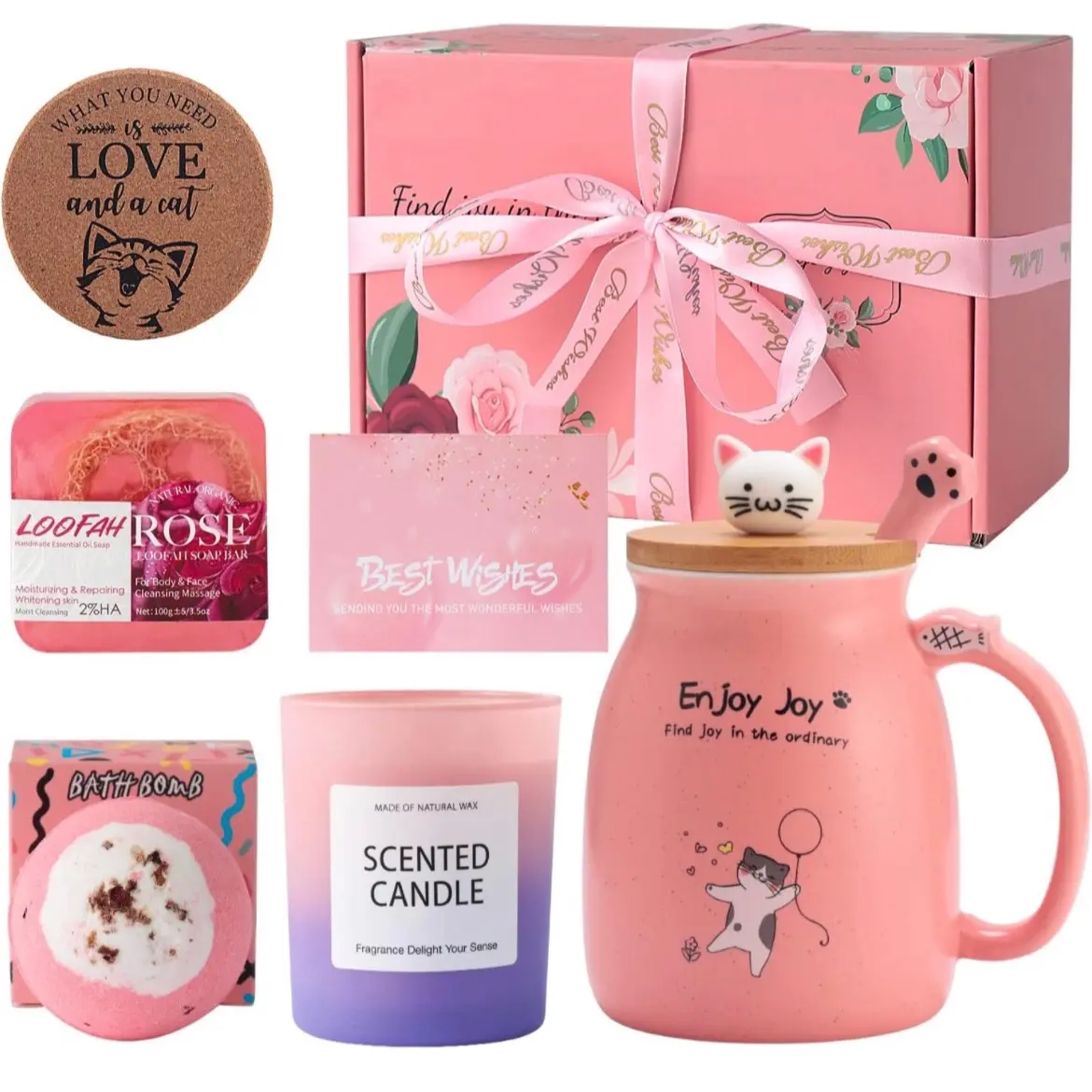 Unique Gift Basket for Woman - 16 oz Cute Cat Mug with Essential Oil Soap and Bath Bomb and Scented Candle - Best Birthday Gift Box, Anniversary, Wedding, Valentine, Christmas, Mother's Day Gift Coffee Set
