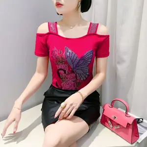 2025 2000s New Streetwear Girl Summer Chic Sexy T-Shirt Clothes Women Fashion Hot Diamonds Mesh Tops Femme Short Sleeve Off Shoulder Tees Womenswear Gamis