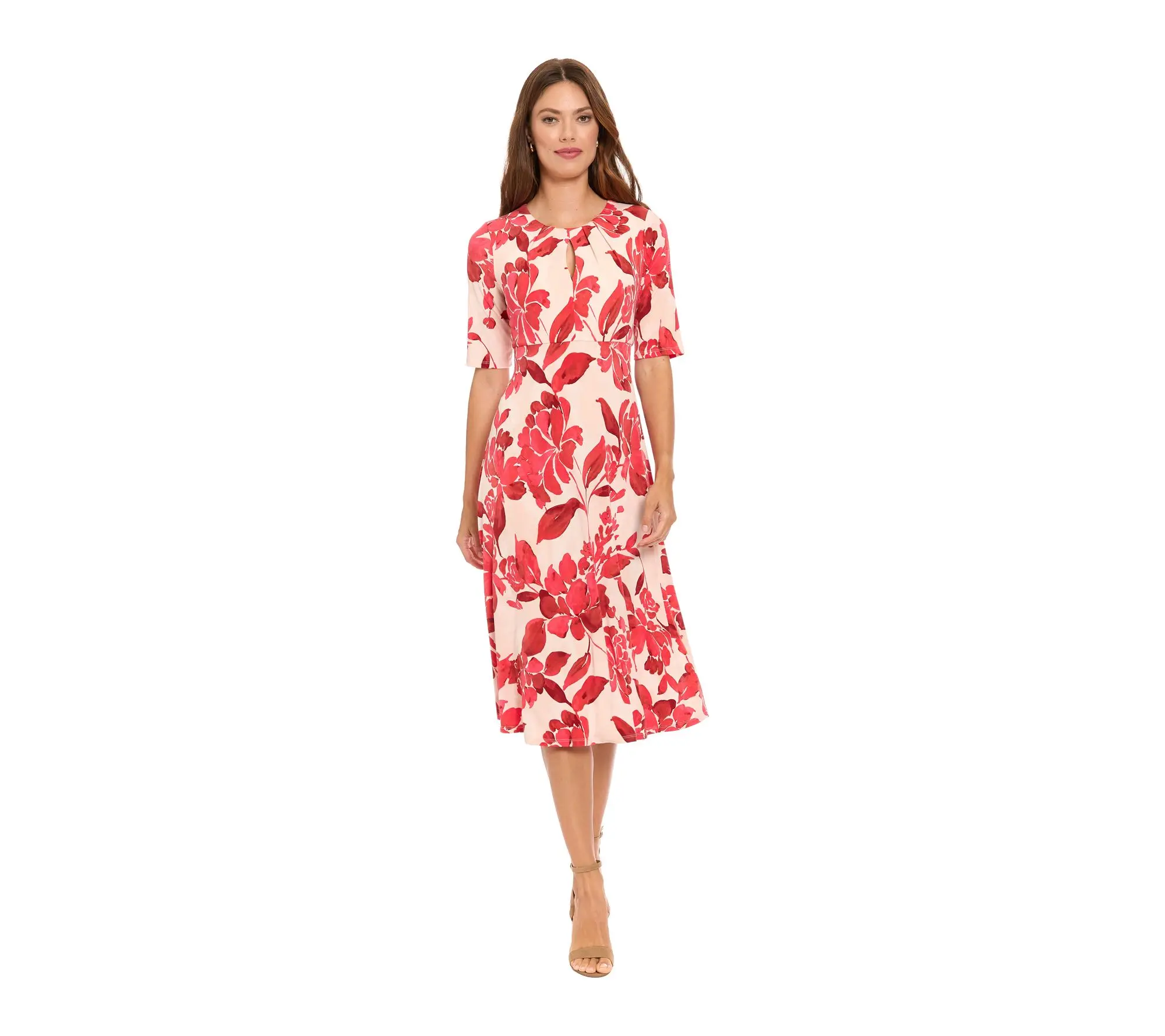 London Times Keyhole Midi Dress with Short Sleeves
