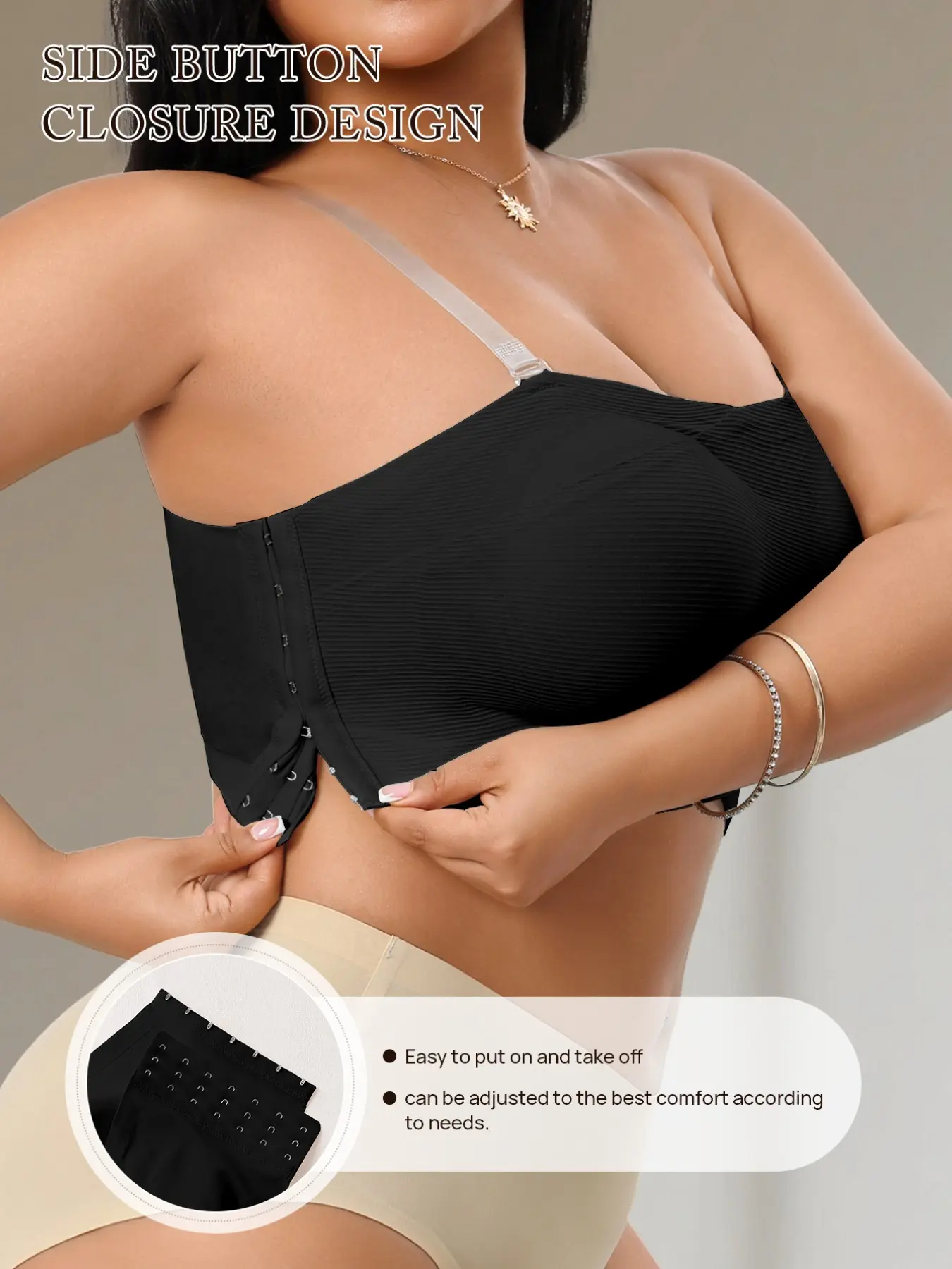 Plus Size Women's Seamless Non Underwire Strapless Anti-Slip Shapedly Bra, Side Buckle Push-Up Underwear with Molded Cups, Plain Daily Wear Bras