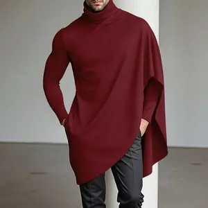 INCERUN Men's Long Sleeve Slim Fit T-Shirt - Asymmetrical Cape Turtleneck, Elegant Flowy Drape Top, Stage Costumes, Art Exhibition Outfit