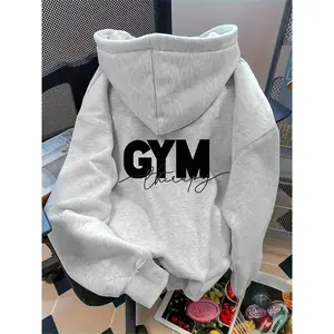 Women's Letter Print Oversized Hoodie ，Featuring dropped shoulders with ribbed sleeves and drawstring pockets， Stylish pullover design for comfortable casual wear ，Perfect layering piece for fall Ideal top for fitness enthusiasts
