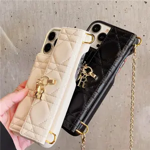 Geometric Pattern PU Lambskin Flap Case - With Pendant Charm and Chain for iPhone 12/13/14 - Sophisticated Tech Accessory