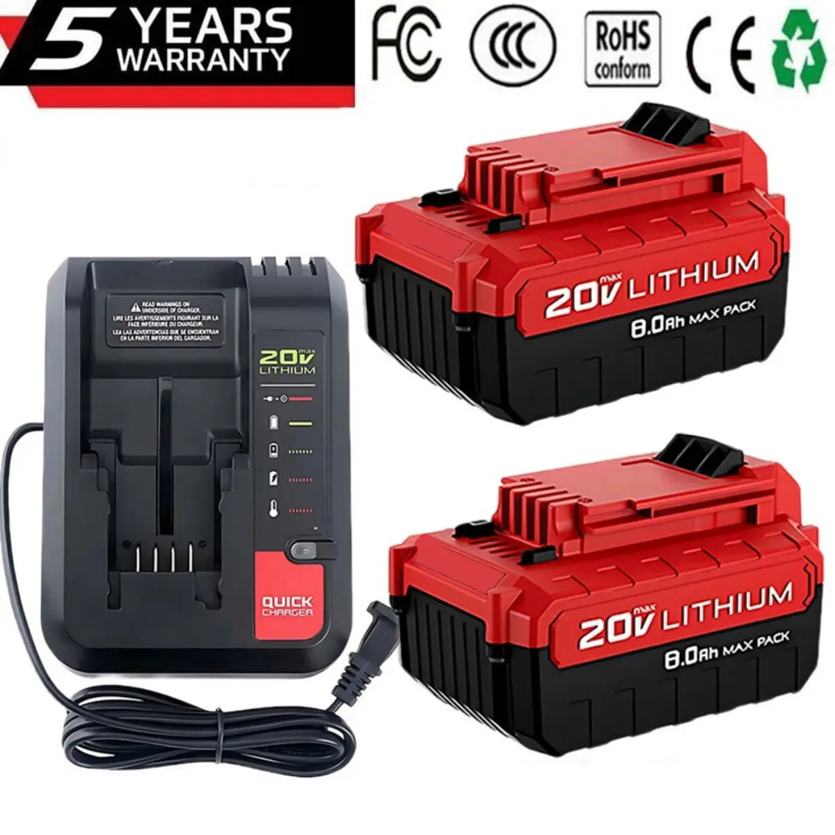 Lithium Replacement Battery Set (2-Pack, 8000mAh, 20V Max Li-ion) for Porter Cable PCC685L, PCC680L Power Tools, Includes PCC692L Charger, CE FCC ROHS Certified, Easy to Install & Remove