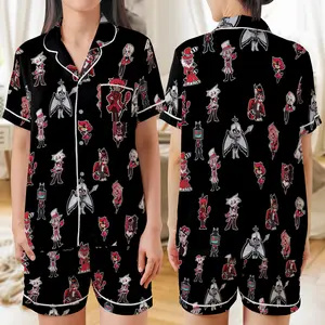 Hazbin Hotel Anime Satin Pajama Set, Vintage Anime Fan Sleepwear, Unique Characters Print Loungewear H05