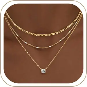 Layered Gold Necklaces for Women, 14K Gold Sterling Silver Plated Dainty Pendant Necklace Set Non Tarnish, Chunky Stackable Cuban Chain Choker, Trendy Personalized Birthstone Jewelry Gift for Mom