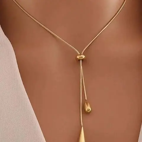 Stainless Steel Vintage Minimalist Water Drop Pendant Necklace, Glossy Metal Design, Fashion Accessory for Daily Wear, Minimalist Chain, Dainty Minimalist Design, Casual Style Necklaces