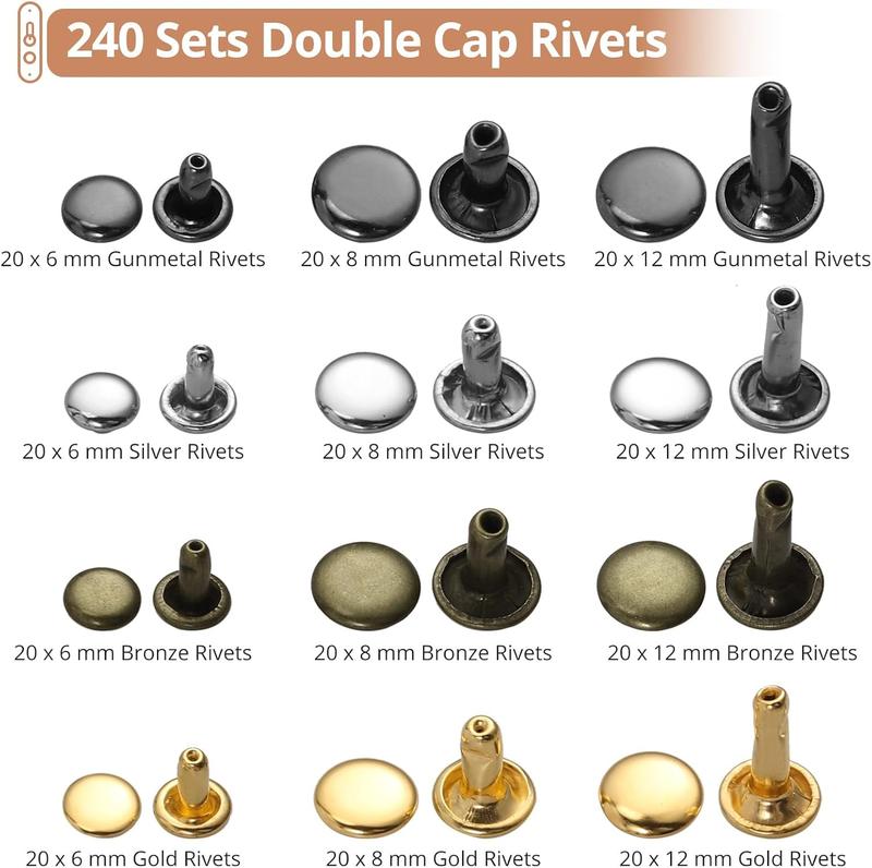 240 Pcs Leather Hole Punch Set,Including Leather Double Cap Rivets with Heavy Duty Punch Plier,Belt Hole Puncher Revolving Hole Punch Rivets Tool Kit for Belt Shoes Fabric,Hand Tools Kits