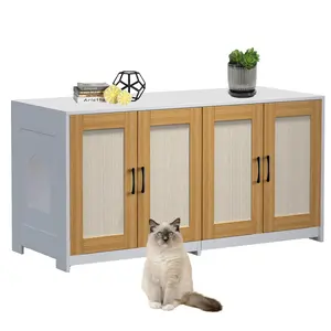 Large Double Cat Litter Box Enclosure for 2 Cats – Hidden Wooden Cat Litter Cabinet with Sliding Trays, Double Doors & Sisal Panels, Modern Indoor Cat House TV Stand, Ventilated, Water-Resistant – White