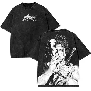 Vintage Washed Yami Sukehiro Black Clover Anime Graphic T Shirt Oversized Heavyweight Cotton Black Bulls Double Sided Print Tee for Men Women Retro Manga Street Style Casual Top Trendy Streetwear Fashion Gift for Anime Enthusiasts