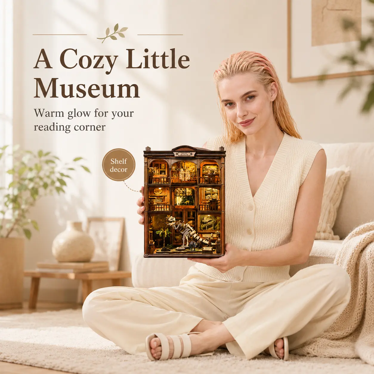 Fossil Museum DIY Book Nook Kit, 316-Piece Wooden Shelf Insert with Warm Touch Light, Mini Dinosaur Skeleton Display, Clear Exhibit Cases, Printed Museum Rooms, Creative Craft Model for Adults and Teens 14+, Desk and Bookshelf Décor
