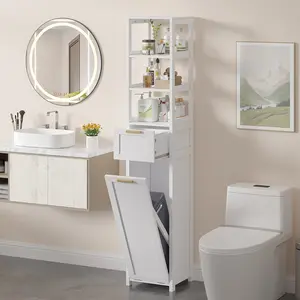VECELO Bathroom Narrow Storage Shelves Tall Cabinet with Drawer & Tilt Out Laundry Hamper Trash Can Retractable Bookcase for Small Space Living Room Kitchen