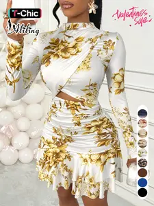 Aliling Women's Elegant Chic Aesthetic Floral Print Dress with Stand Collar, Long-Sleeve Hollow-Out Design and Ruffled Hem, Fall Fashion Mini Dress for Parties Womenswear