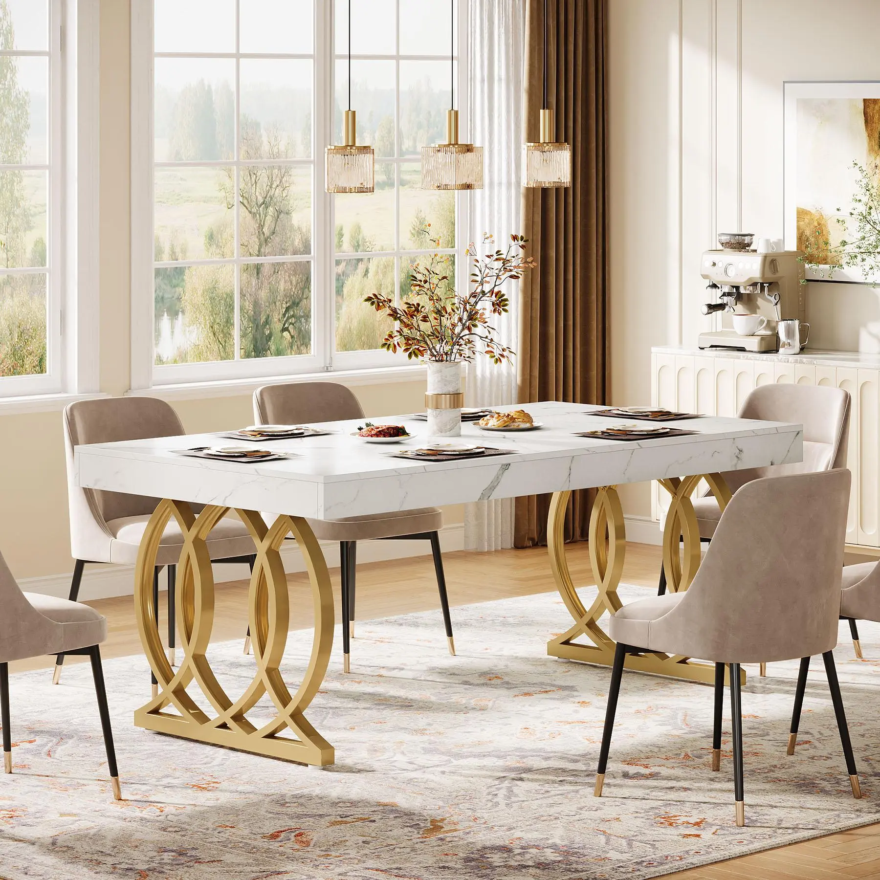 TRIBEWOOD 62.99" L x 31.5" W Rectangle Dining Table - 4-6 Seater Modern Indoor Furniture, Faux Marble Scratch-Resistant Tabletop, Reinforced Geometric Legs, 350 lb Capacity, Assembly Required for Casual Gatherings, Kitchen & Living Room Computer Desk