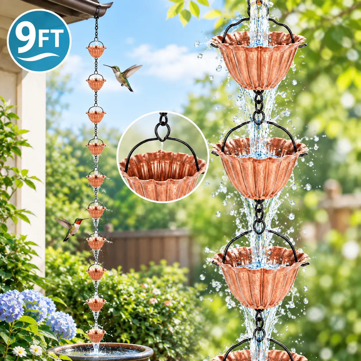 9FT Copper Rain Chain with Rain Cups, Rainwater Downspout Replacement, Outdoor Garden Yard Patio Gutter Decor