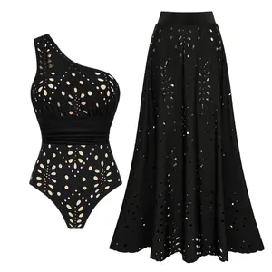 FLAXMAKER Women's One Shoulder Tummy Control Black Laser Cutting Flower Swimsuit and Matching Cover Skirt Set Swimdress Stylish Beachwear Bathing Suit#Summervibes outdoorfun #SwimWeek