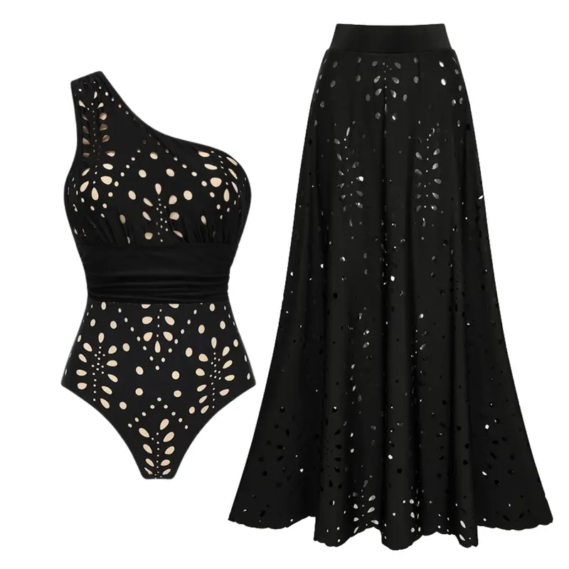 FLAXMAKER Women's One Shoulder Tummy Control Black Laser Cutting Flower Swimsuit and Matching Cover Skirt Set Swimdress Stylish Beachwear Bathing Suit#Summervibes outdoorfun #SwimWeek