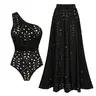 FLAXMAKER Women's One Shoulder Tummy Control Black Laser Cutting Flower Swimsuit and Matching Cover Skirt Set Swimdress Stylish Beachwear Bathing Suit#Summervibes outdoorfun #SwimWeek