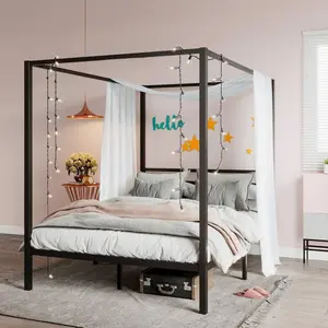 Metal Canopy Bed Frame Full&Queen Size, Mattress Foundation With Metal Slats Support/No Box Spring Needed/Easy Assembly, Room Decor, Bedroom Christmas Decorations Home Decor Christmas Gift, Black|White * Bed Frame Queen Queen Bed Frame Bed Frame Full