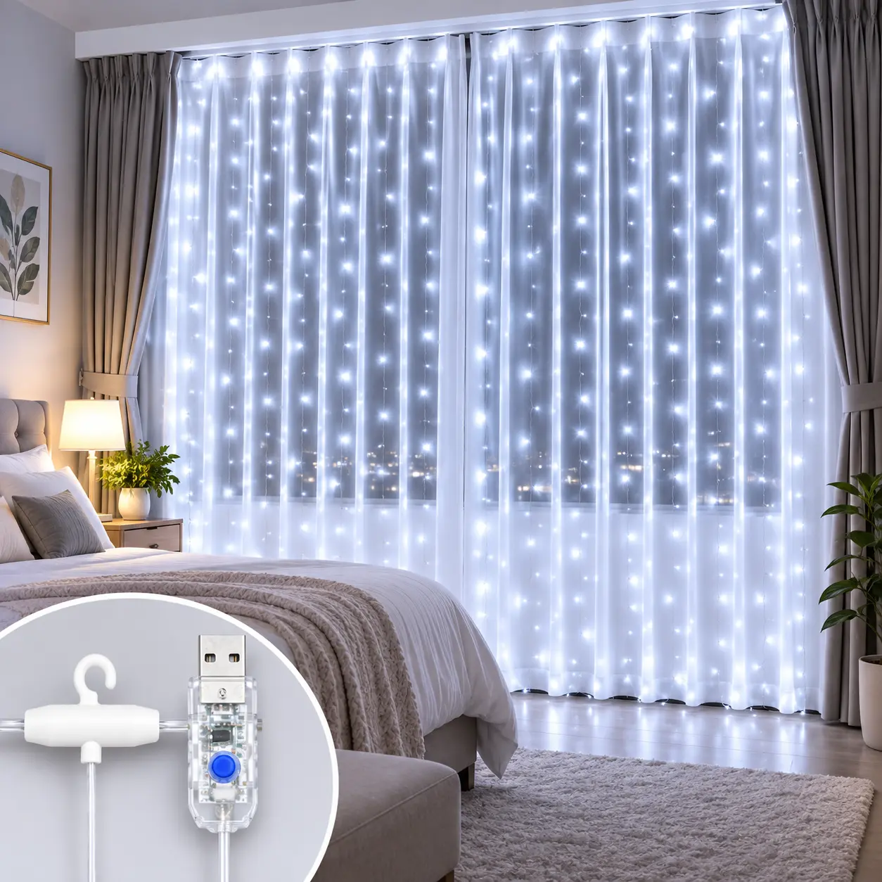 300 LED Curtain Lights, 9.8FT x 9.8FT Warm White USB Fairy Lights, Remote Control, 8 Modes, Dimmable Timer, IP44 for Bedroom, Wedding & Christmas Decor