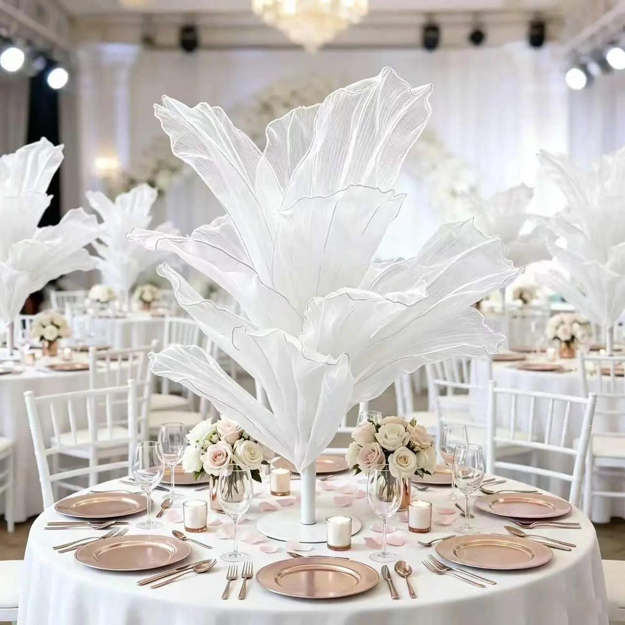3.3FT Ivory Giant Crepe Organza Sculptural Artificial Flower, Freestanding Decor with Metal Base, Elegant Table-Floor Ornament for Wedding Backdrop, Romantic Party Events