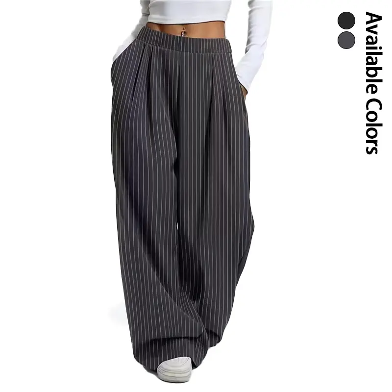 Elegant women’s wide-leg suit pants with fine stripes, high stretch, ruched detailing, loose drape, long length, stretchy fabric—casual trousers for everyday wear, office, and street style.