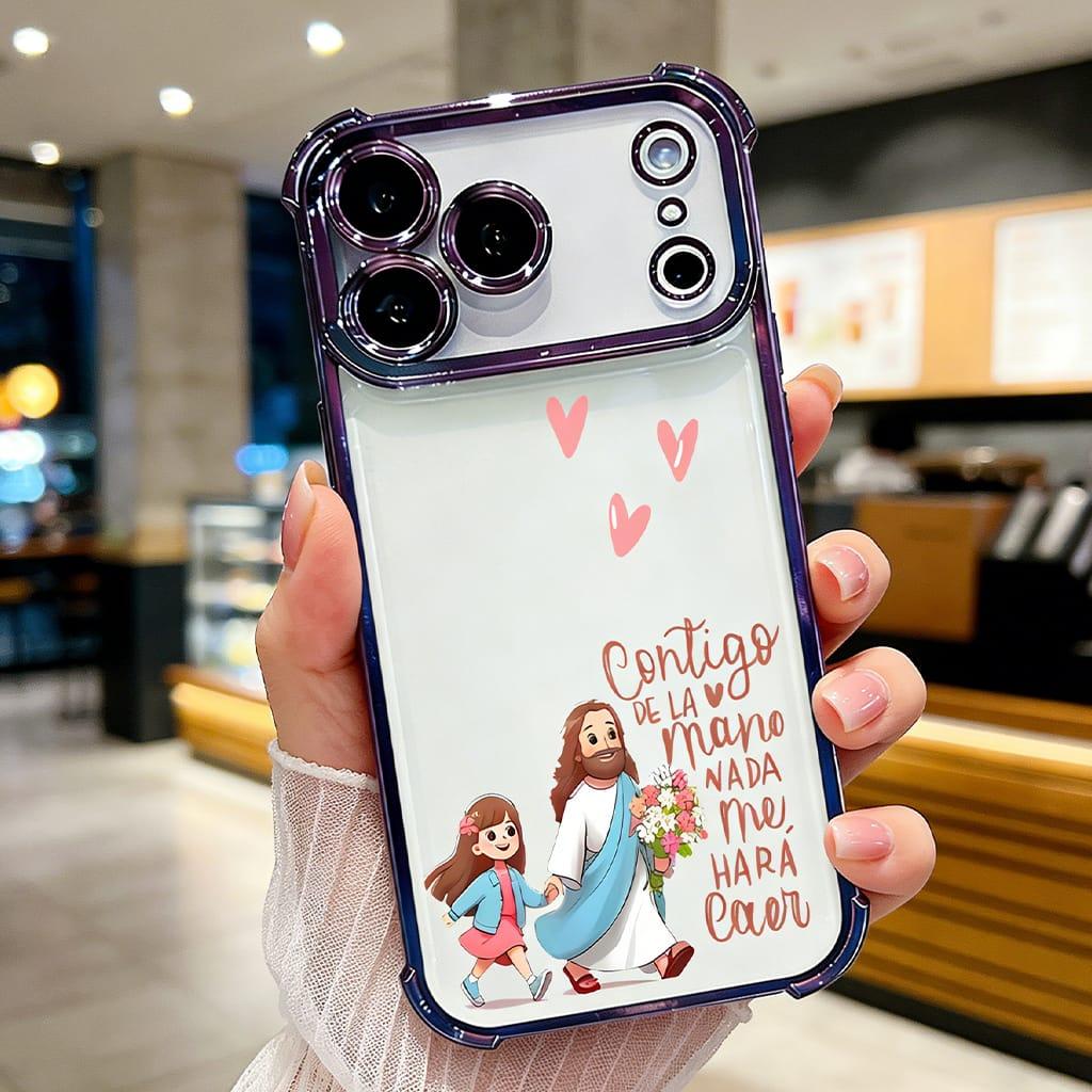 Contigo De La Mano Nada Me Hará Caer Jesus & Girl Phone Case for iPhone 11 12 13 14 15 16 17 Pro Max Plus Air, Christian Faith Rose Gold Clear Shockproof Cover, Religious Gift for Women Girls DDSJ260404012