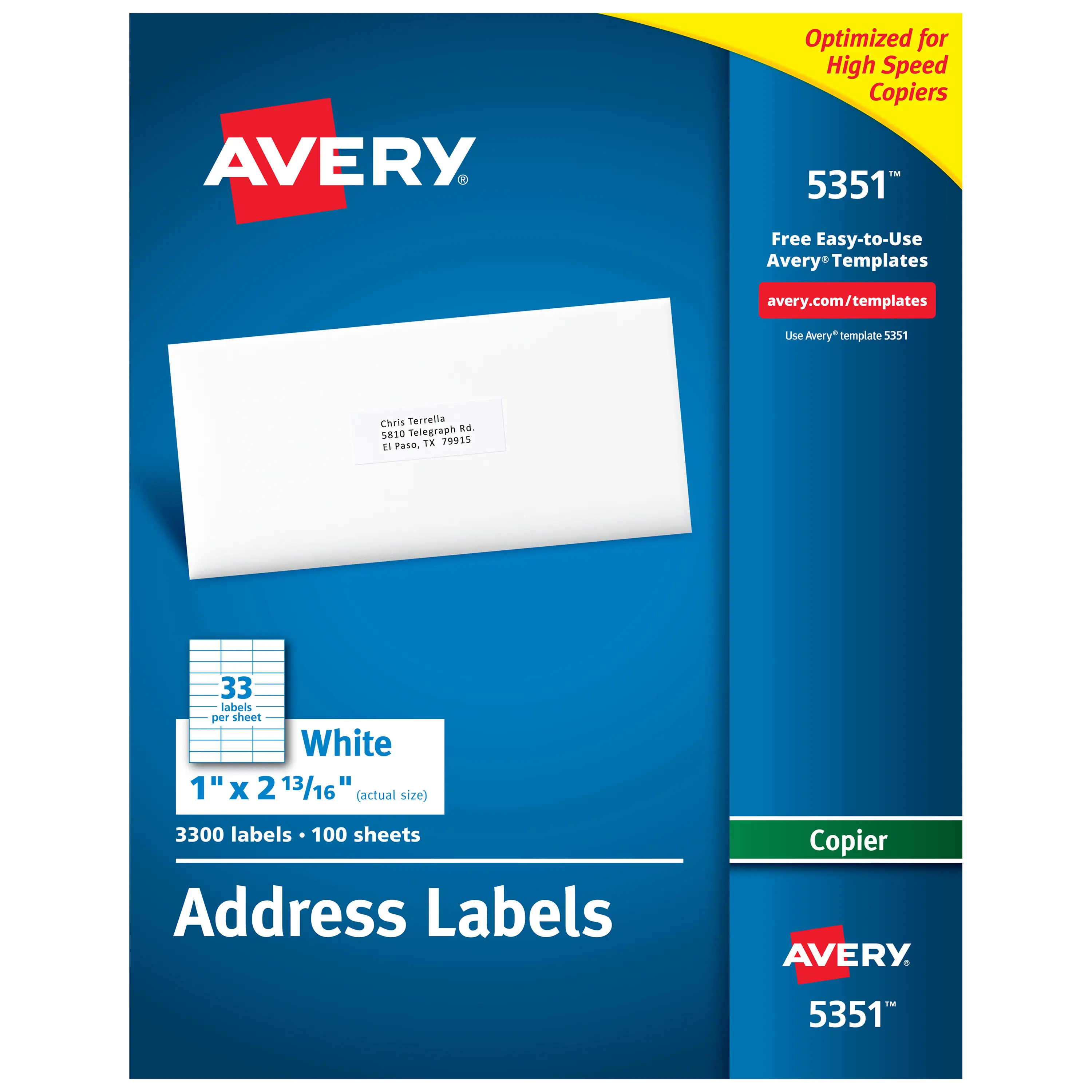 Avery Copier-Compatible Solid Sticky Address Labels, 1"x2-13/16" with Permanent Adhesive, 3300 White Personalized/Return Address Labels (5351)