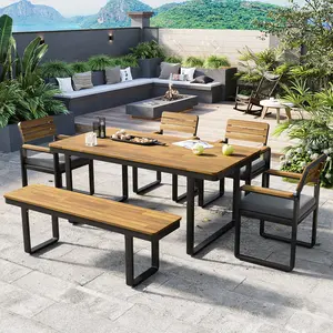 Aobtkel®6-Piece Outdoor Dining Set, Acacia Wood, 1 Table with 4 Chairs & 1 Bench for 6-7 Person, Comfortable Cushions on Chairs, Adjustable Feet, for Patio, Garden, Backyard Dining, Gray Cushion