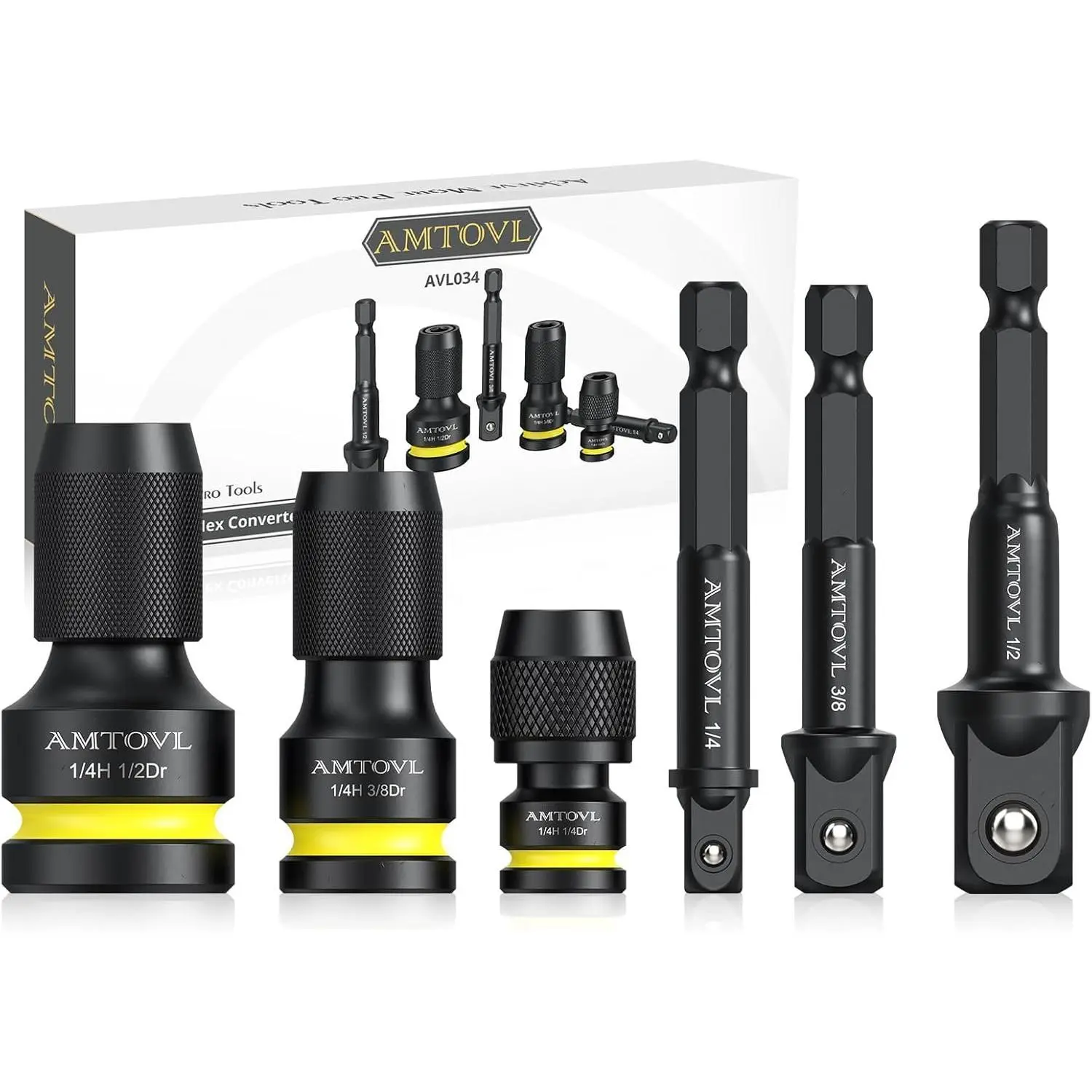 AMTOVL Impact Hex Converter Set - 1/2, 3/8, 1/4-in Drive Female to 1/4-in Hex Adapters (3PCS Socket Adapter Set) for Ratchet Wrench Drivers, Impact Bit Holders, 1/4-Inch Drive