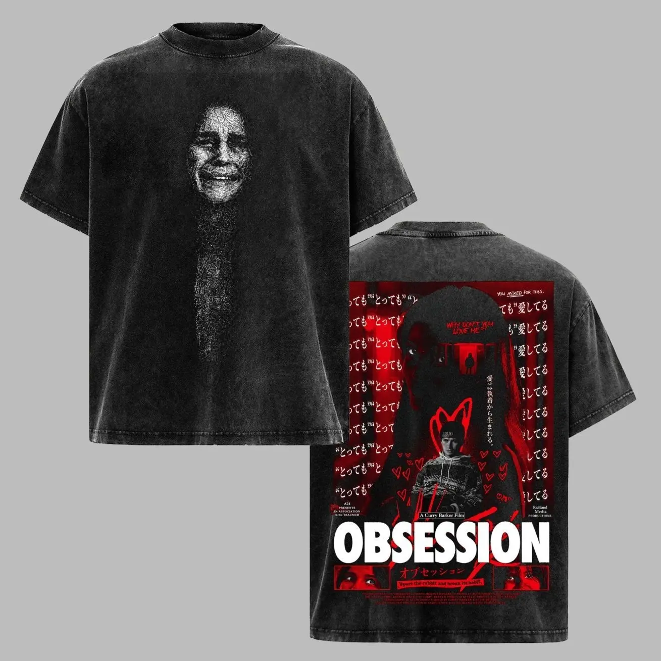 Obsession Inferno Washed Oversized T-Shirt & Sweatshirt – Dark Gothic Face Graphic, Red Flame Streetwear 7A9