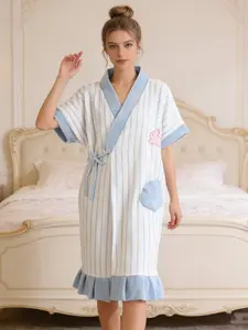 Women's Coral Fleece Cartoon Rabbit Embroidered Sleepwear, Striped Colorblock Home Bathrobe, Loose Fit Post-Shower Wear
