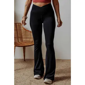 Moota Women's Black High Waist Flared Fitted Leggings - Premium Stretch Comfortable Basic Fabric, Retro Elegant Chic Lady Bottoms for Everyday Wear, Pair with Chunky Cardigan, Cropped Blouse, Top or T-shirt