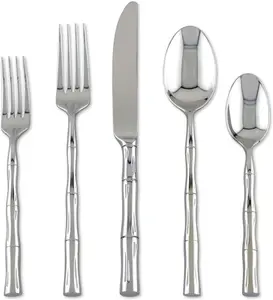 45-Piece Bamboo Shaped Flatware Set, 18/8 Stainless Steel Silverware Cutlery Set, Service for 8 with Serving Set, Mirror Polished, Dishwasher Safe (Bamboo)