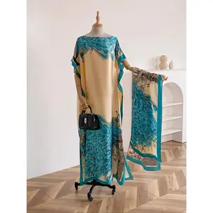 Women's Peacock Print Cape Shawl & Scarf Set – Elegant Beach Cover-Up for Vacation, Pool & Summer Swimwear