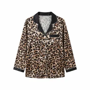 Plus-Size Women's Leopard Print Silk Pajama Set 2-Piece Glossy Satin Long-Sleeve Top & Pants Loungewear Collared Casual Sleepwear with Contrast Piping Comfortable Home & Sleep Set Womenswear Homewear