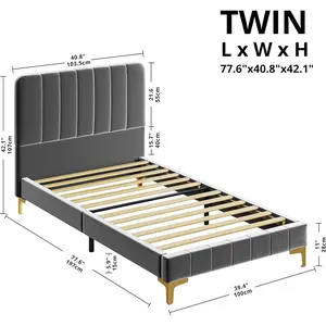 Twin Bed Frames, Modern Velvet Upholstered Platform Bed with Headboard, Soft Rounded Corners, Noise Free, Easy Assembly, Light Gray